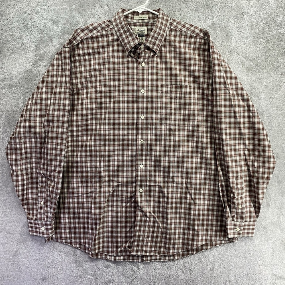 L.L. Bean Mens XL Tall Brown Plaid Button Down Shirt Wrinkle Resistant Cotton